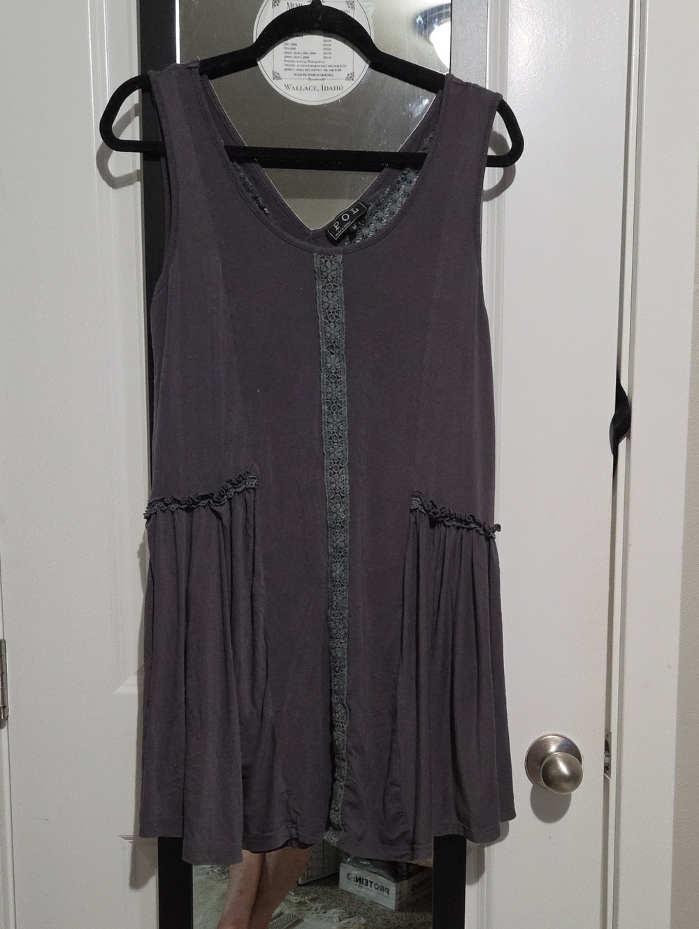 POL Sleeveless Mini Dress in Charcoal Gray with Lace Trim